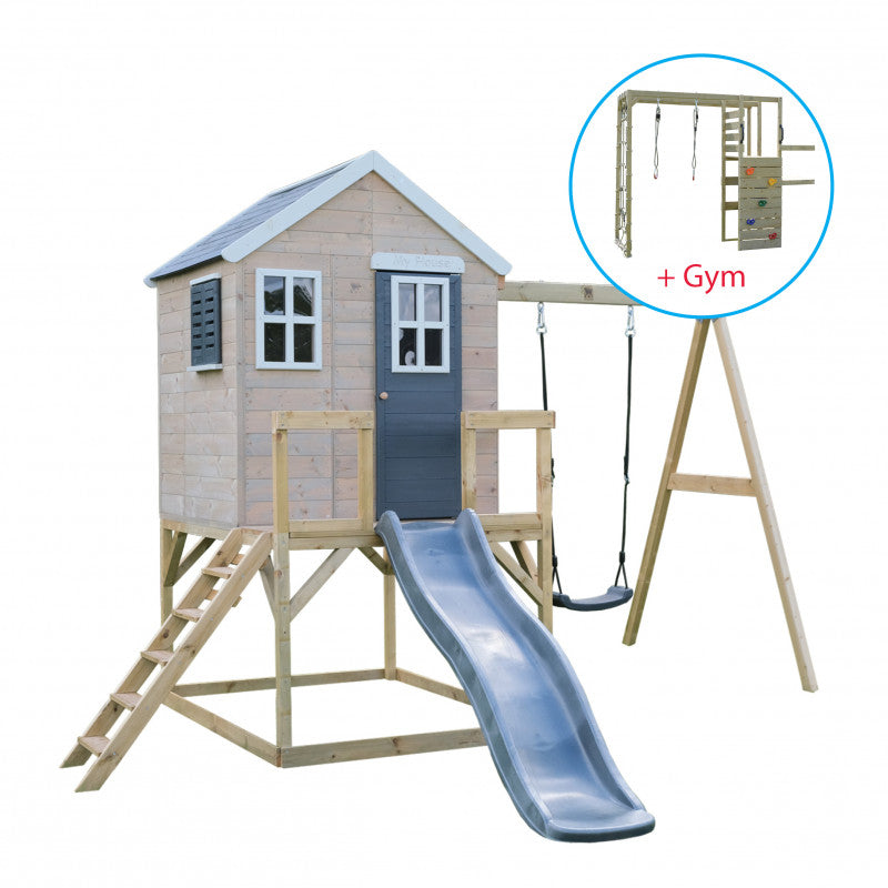 Casuta de gradina Grey Lodge cu tobogan, leagan, modul sport, Wendi Toys